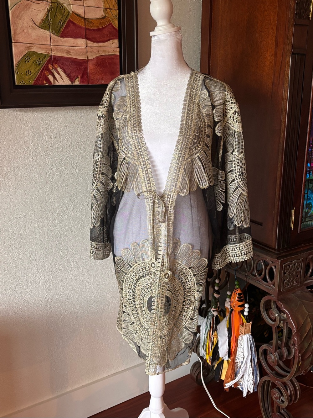 Sheer Black Lace Kimono with Gold Embroidered Medallions